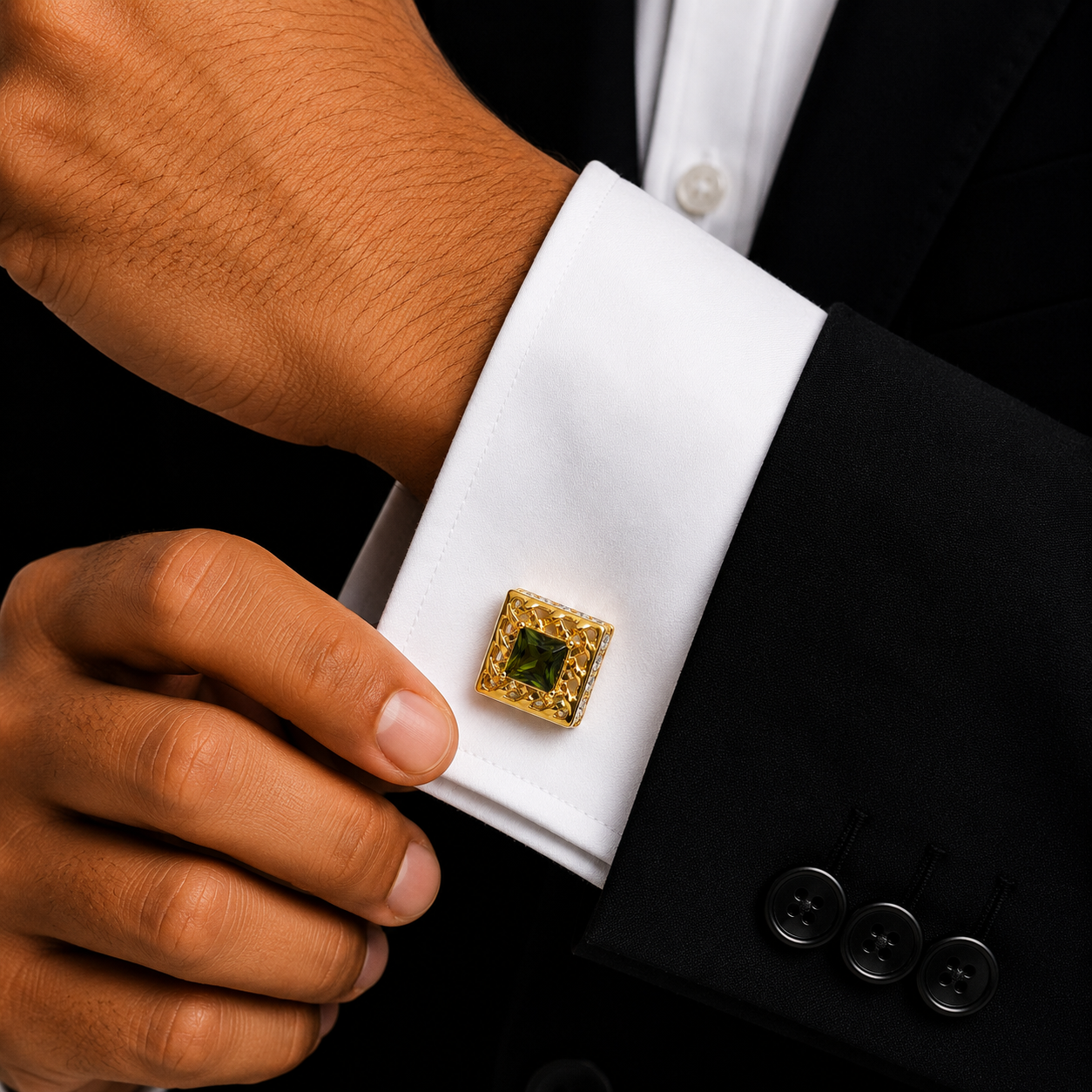Emerald Stone Lattice Gold Cufflinks