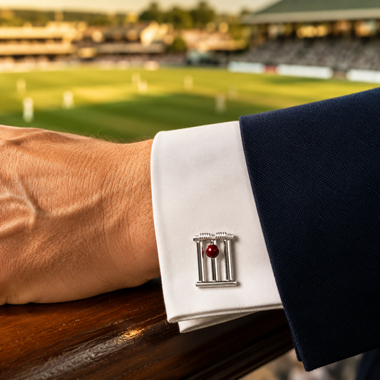 Man wearing Albetro cricket wickets cufflink on white French cuff