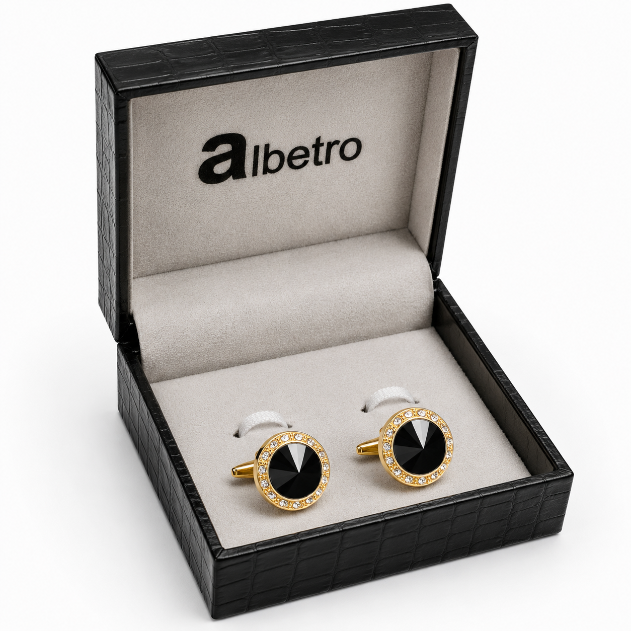 Albetro Noir Royale black stone gold cufflinks in black leatherette gift box