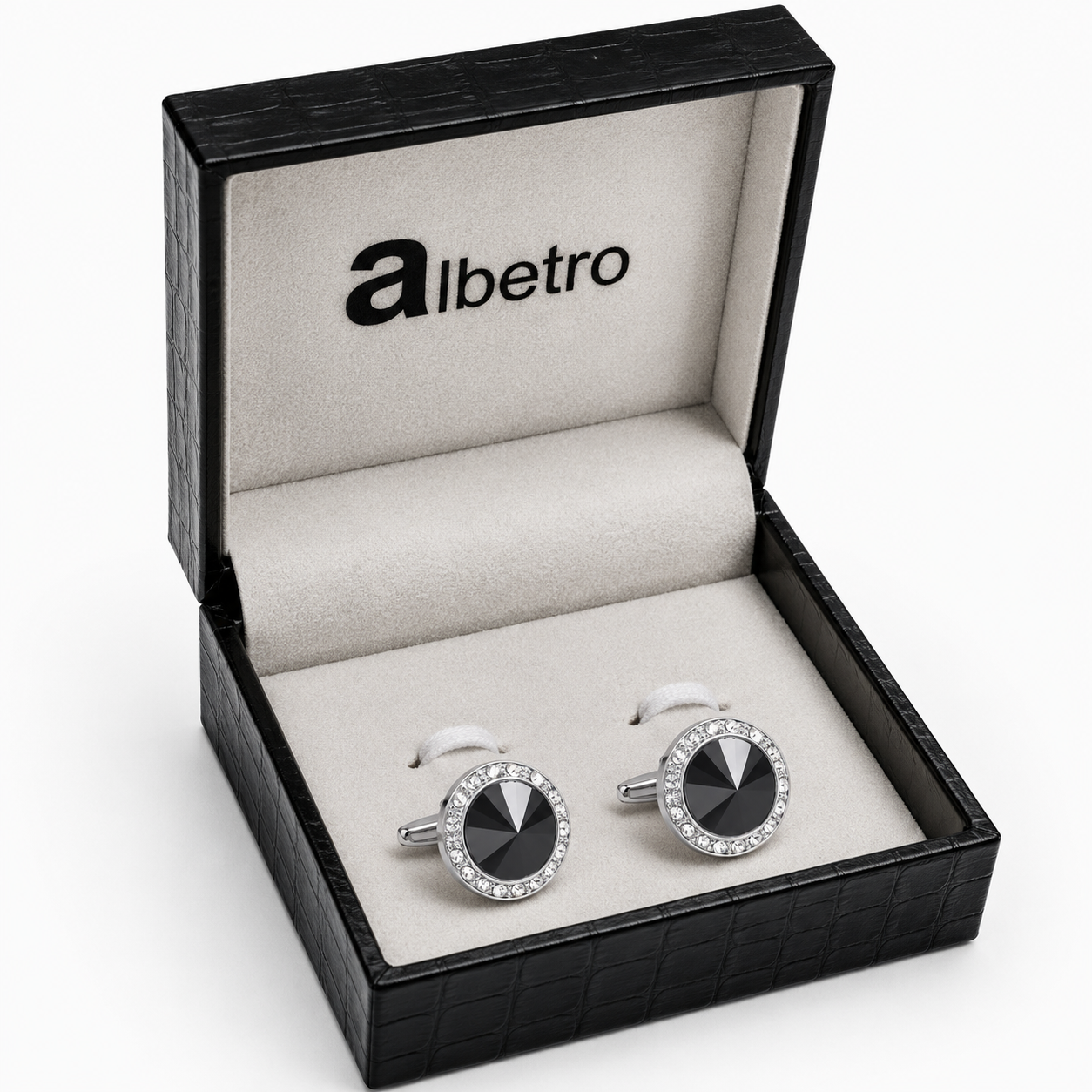 Man wearing Albetro Noir Royale Silver black stone cufflink with grey suit