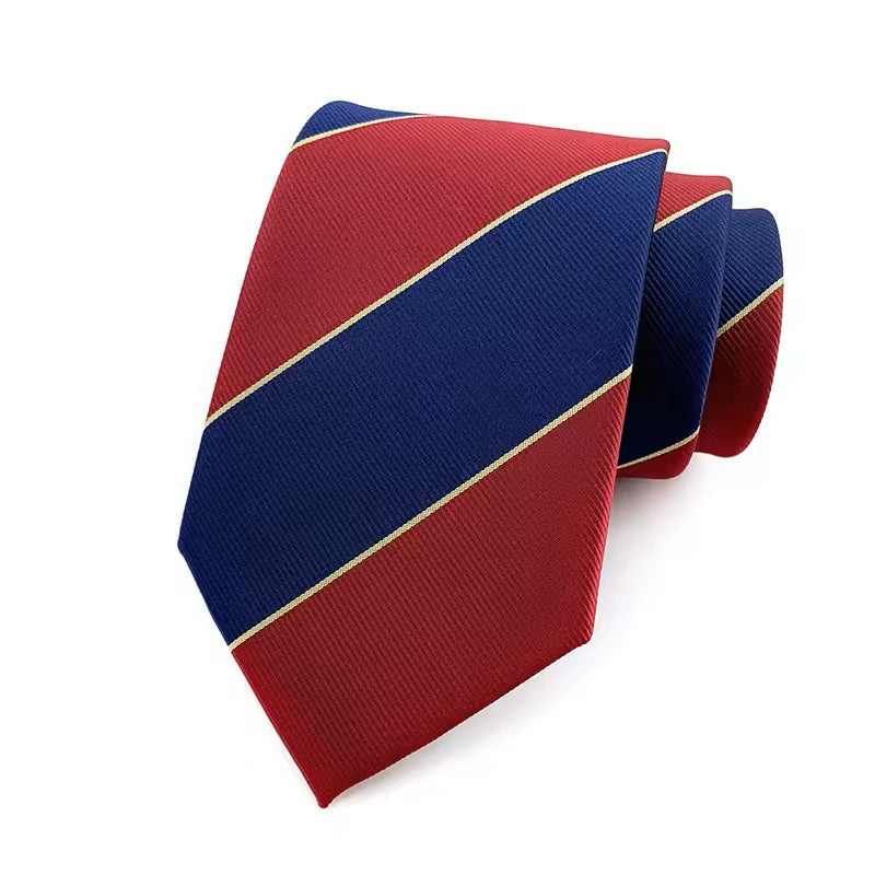 Red and blue striped tie on a white background