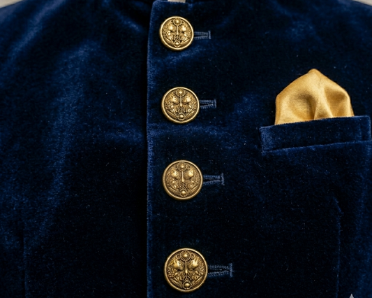 Navy blue velvet jacket with gold buttons and a pocket square on a neutral background