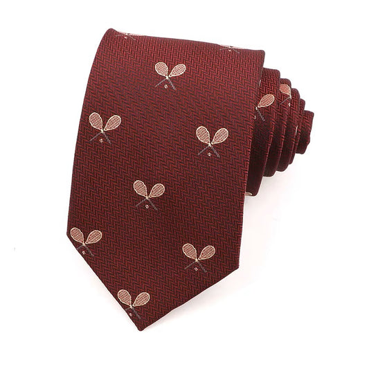 Maroon tie with tennis racket pattern on a white background