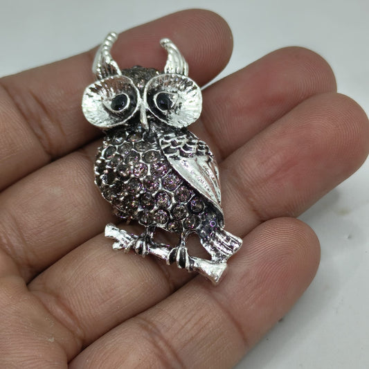 Midnight Wisdom Owl Crystal Brooch – Silver Finish