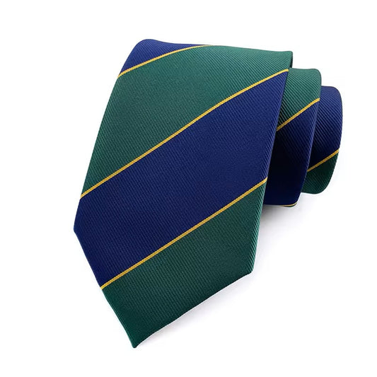 Green and navy striped tie with gold accents on a white background