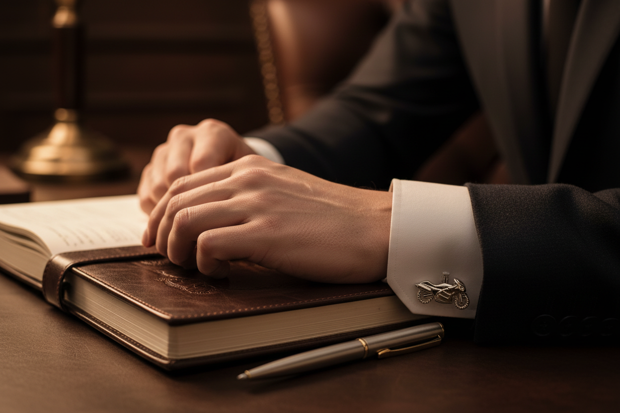 Close-up of a person's hands on a leather-bound book with a pen, in a formal setting.
