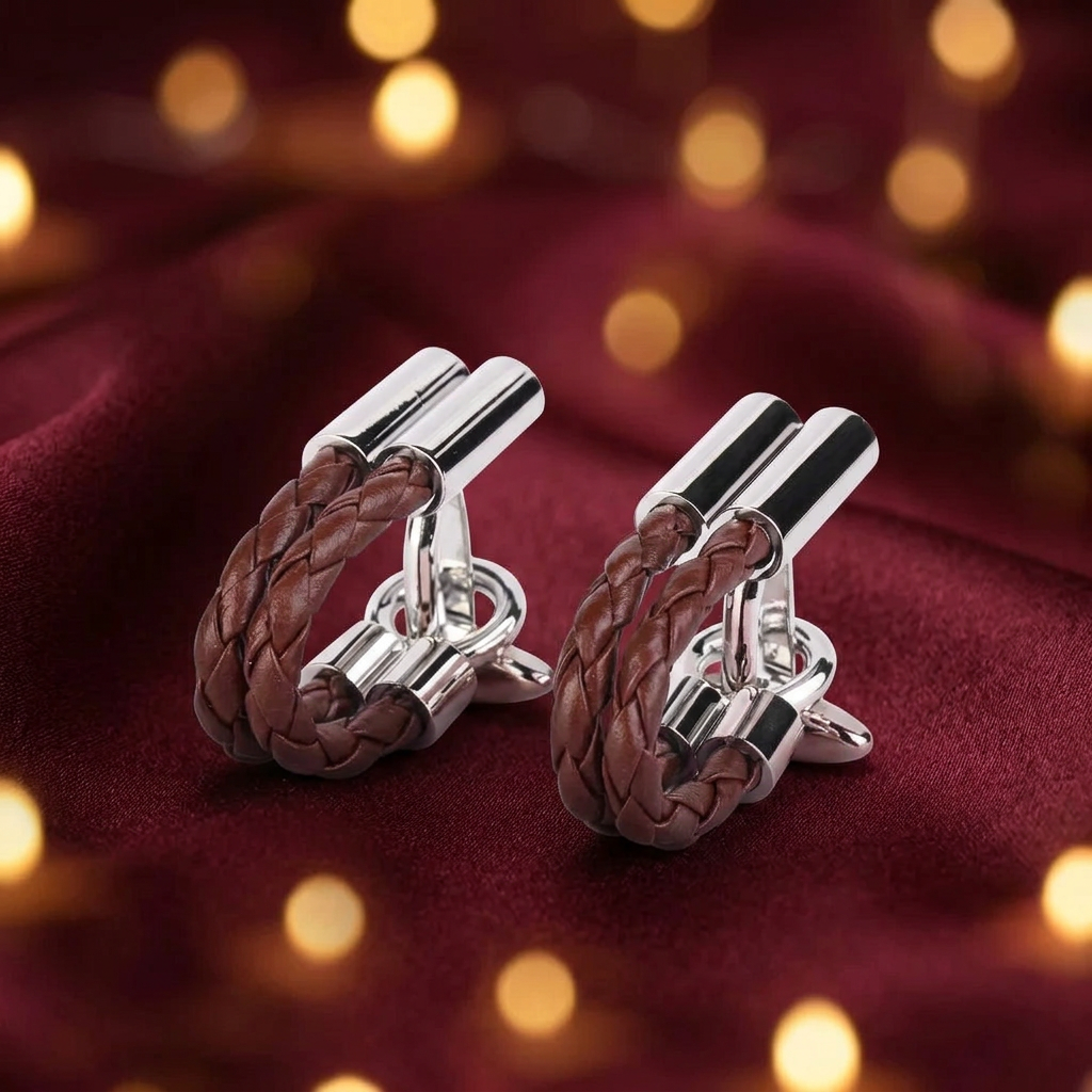 Cognac Weave — Braided Leather Cufflinks for Men