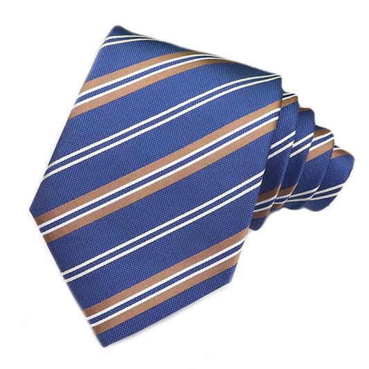 A classic blue necktie with diagonal stripes in warm tan and crisp white, displayed on a plain background.