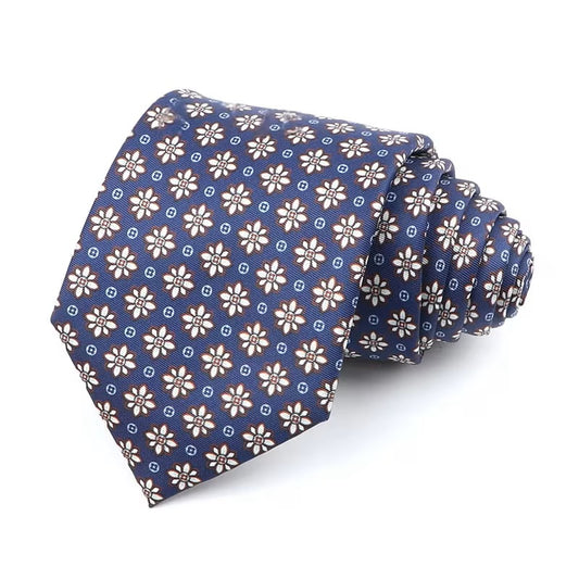 Blue tie with floral pattern on a white background