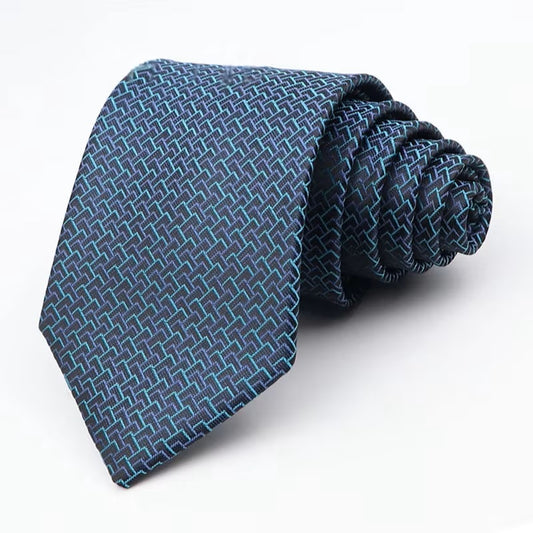 Blue patterned tie on a white background