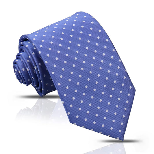 Blue tie with white polka dots on a white background
