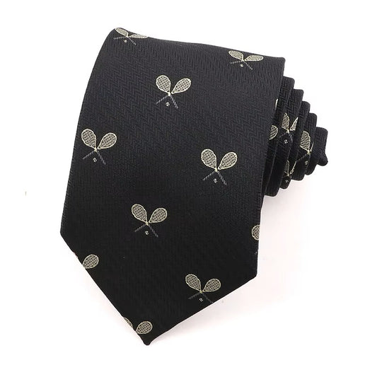 Black tie with white racket and ball pattern on a white background