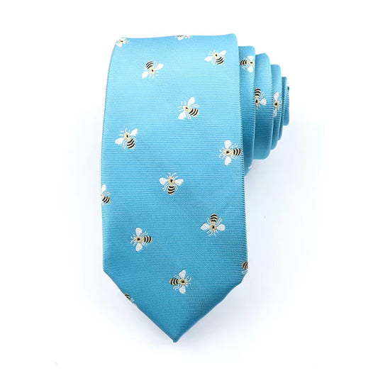 Blue tie with bee pattern on a white background