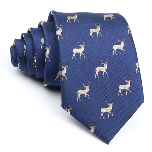 Blue tie with deer pattern on a white background