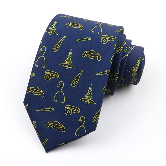 Navy blue tie with yellow medical symbol pattern on a white background