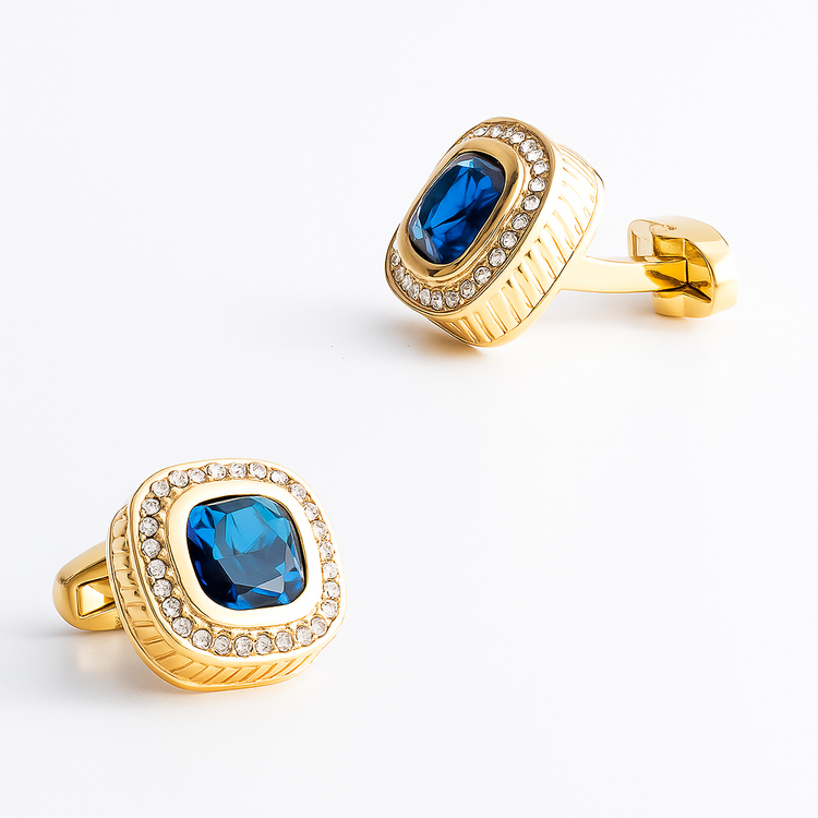 Royal Azure Gold Cufflinks with Crystal Halo