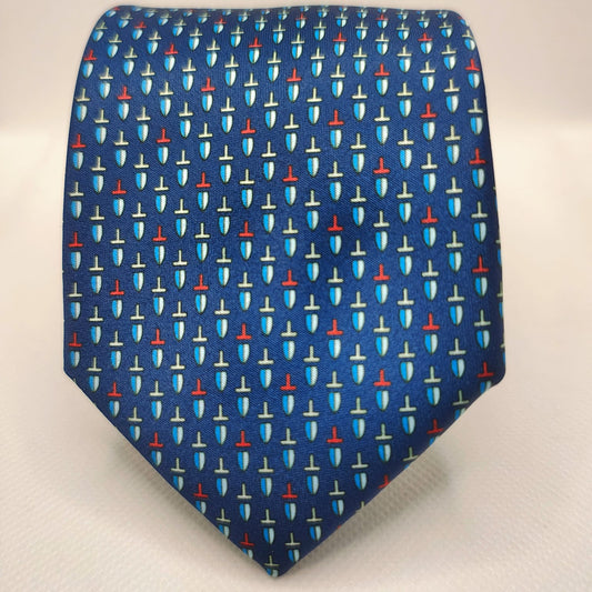 Blue tie with colorful geometric pattern on a white background