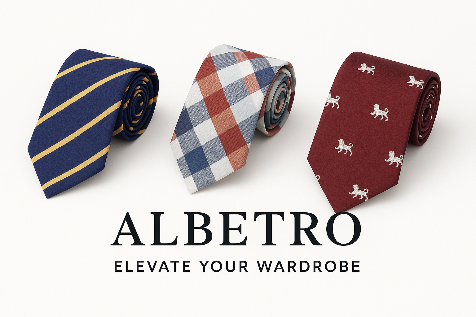 Three ties with different patterns on a white background, featuring the brand 'ALBETRO'.
