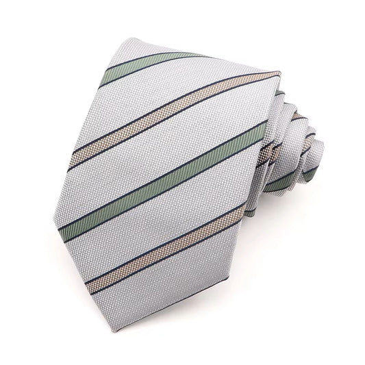 Striped tie with green and brown stripes on a white background