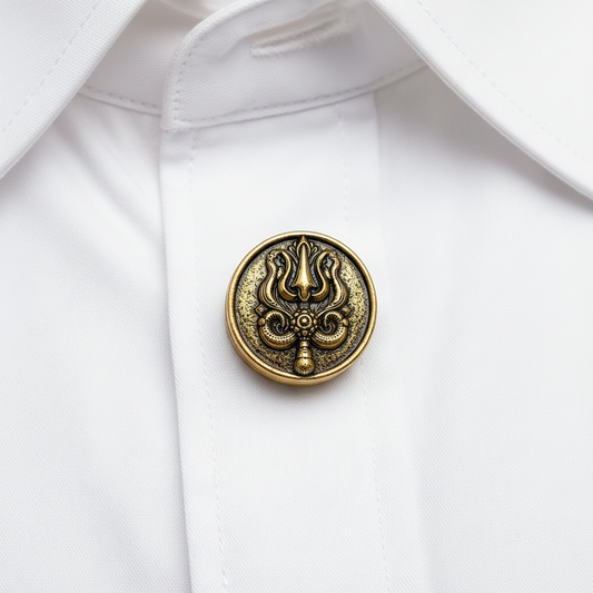Decorative gold and black circular object with intricate design on a white background