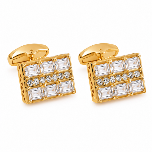 White & Gold Multiband Rectangular Crystal Cufflinks