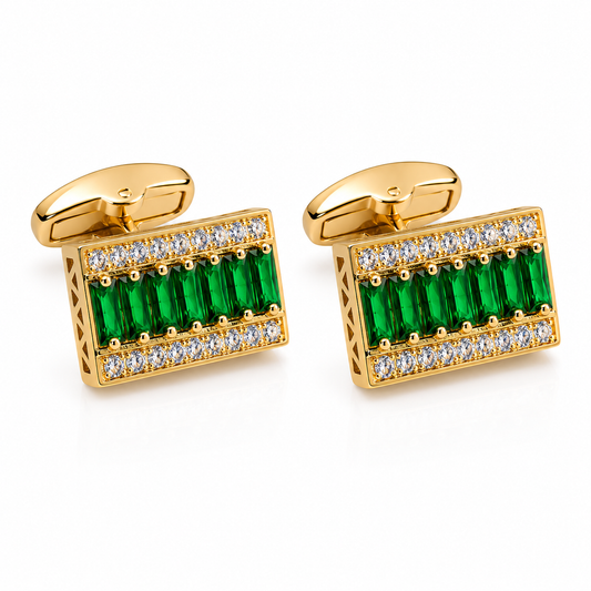 Emerald & White Crystal Rectangular Grid Cufflinks