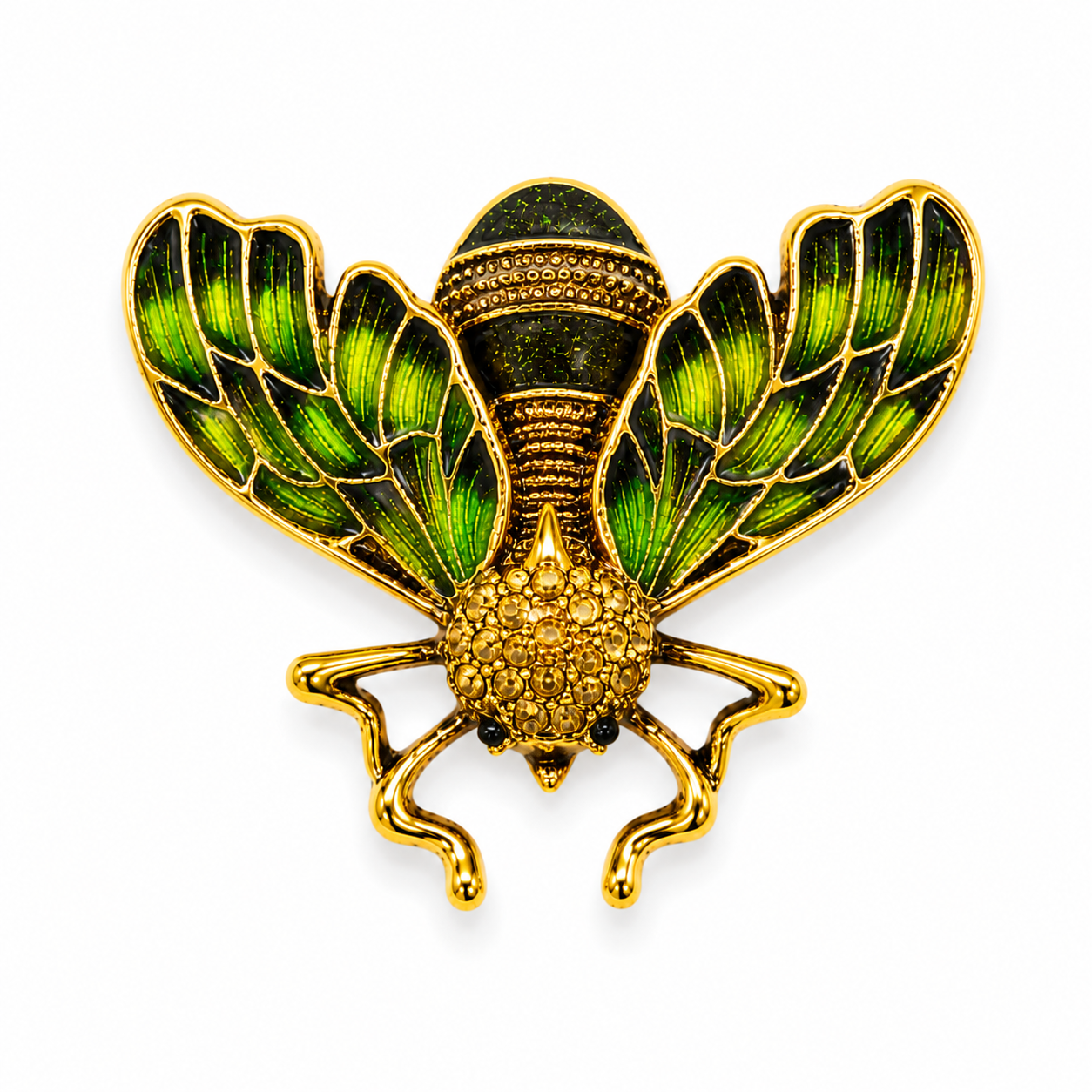 Green Enamel Bee Brooch — Antique Gold