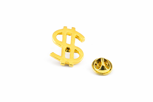 Gold dollar sign lapel pin on a white background
