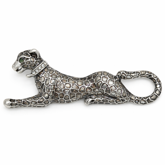 Silver panther-shaped belt buckle on a white background