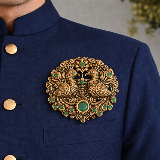 Royal Mayur Heritage Brooch – Antique Gold with Emerald Accents