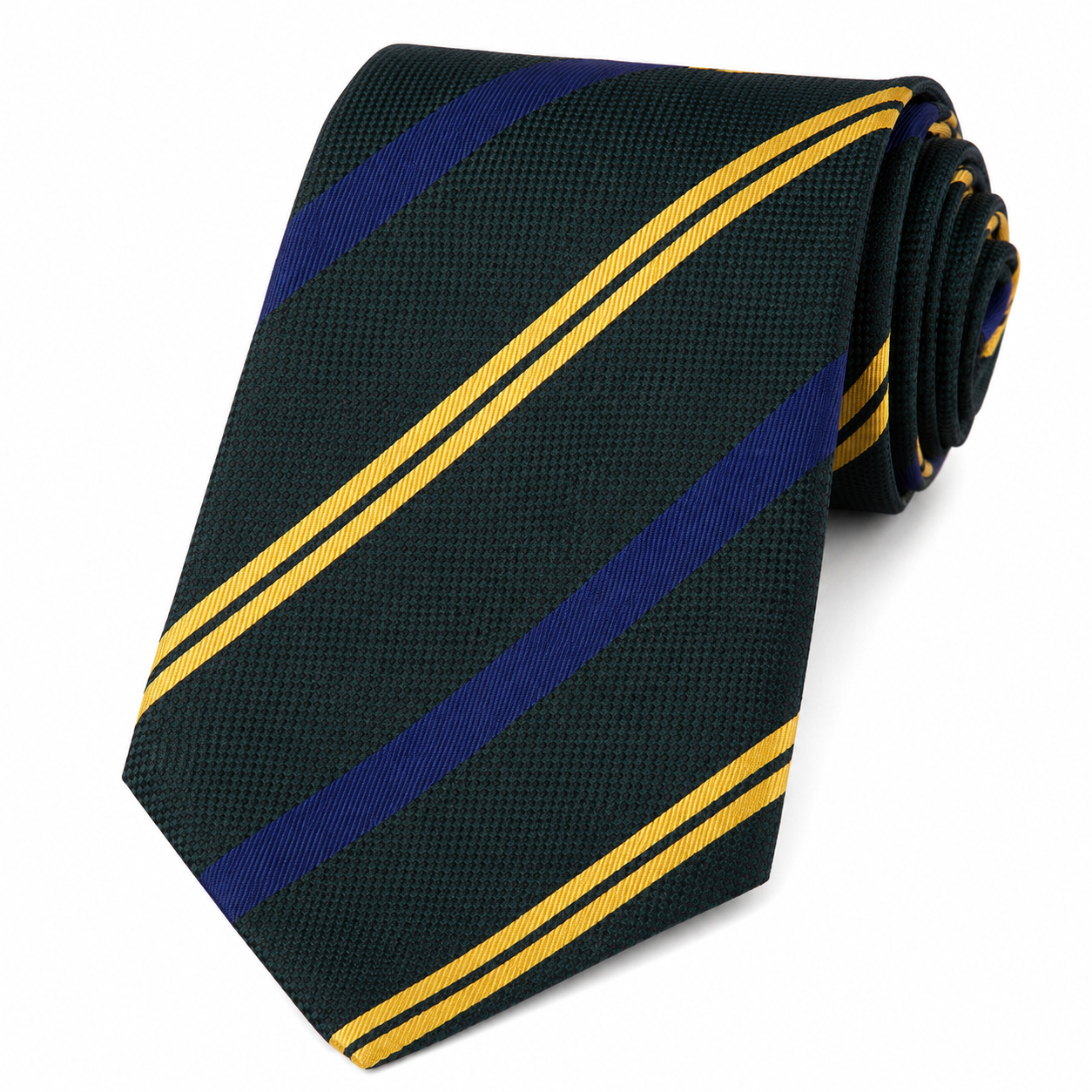 The Aranya Forest Green, Gold & Navy Regimental Stripe Tie - Flat Lay