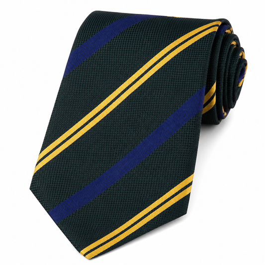 The Aranya Forest Green, Gold & Navy Regimental Stripe Tie - Flat Lay