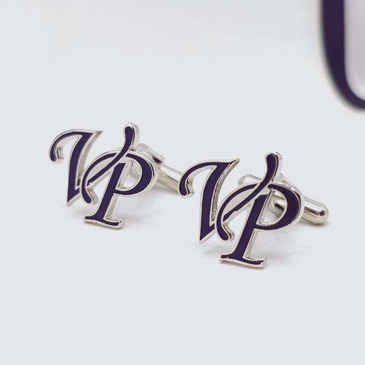 Cufflinks with a logo on a white background