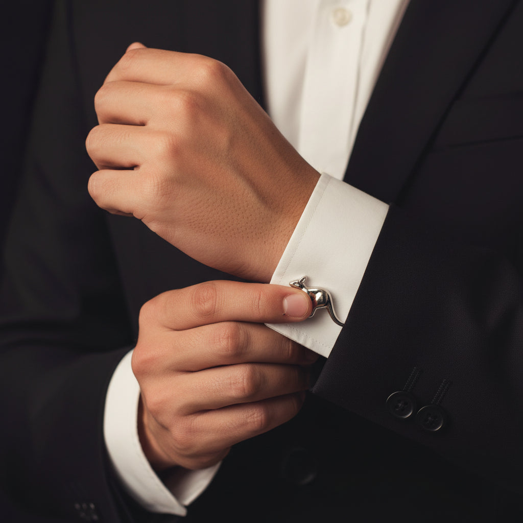 Silver kangaroo cufflinks on a light gray background