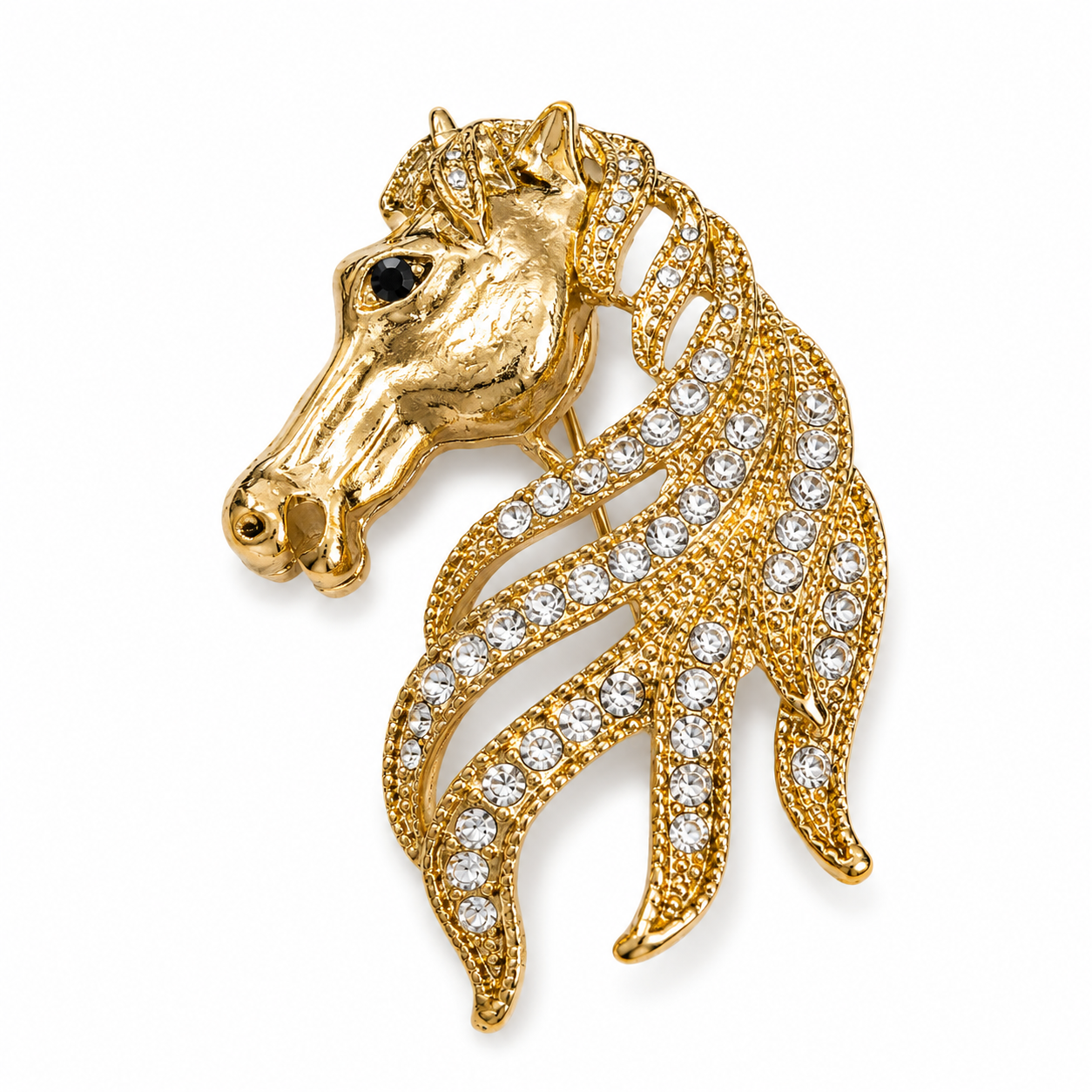 Crystal Mane Horse Head Brooch — Antique Gold