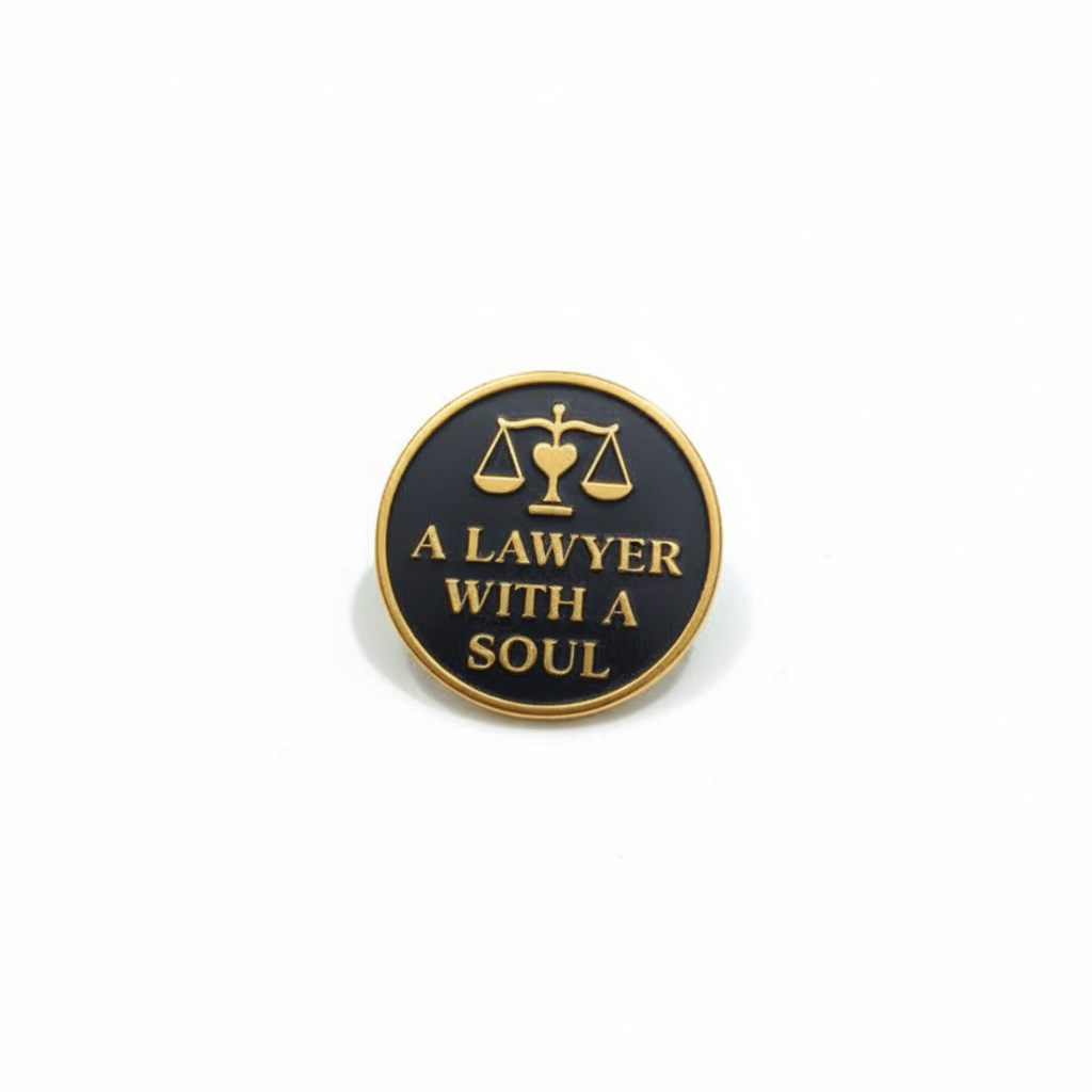 Pin with 'A Lawyer with a Soul' text and scale design on a white background