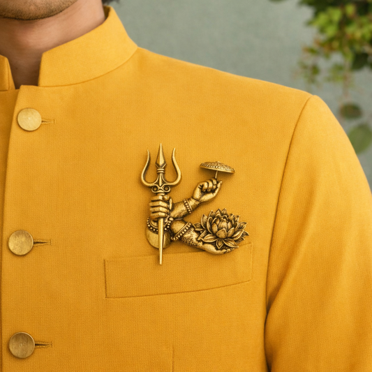 Divine Trishul Lotus Brooch – Antique Gold Finish