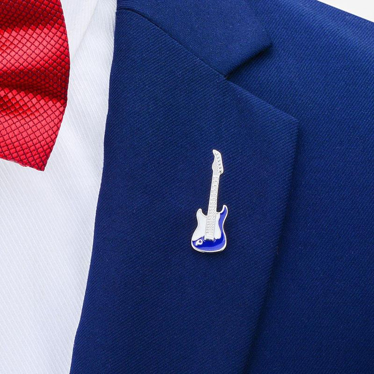 White and Blue Enamel Guitar Lapel Pin-SHOPWITHSTYLE