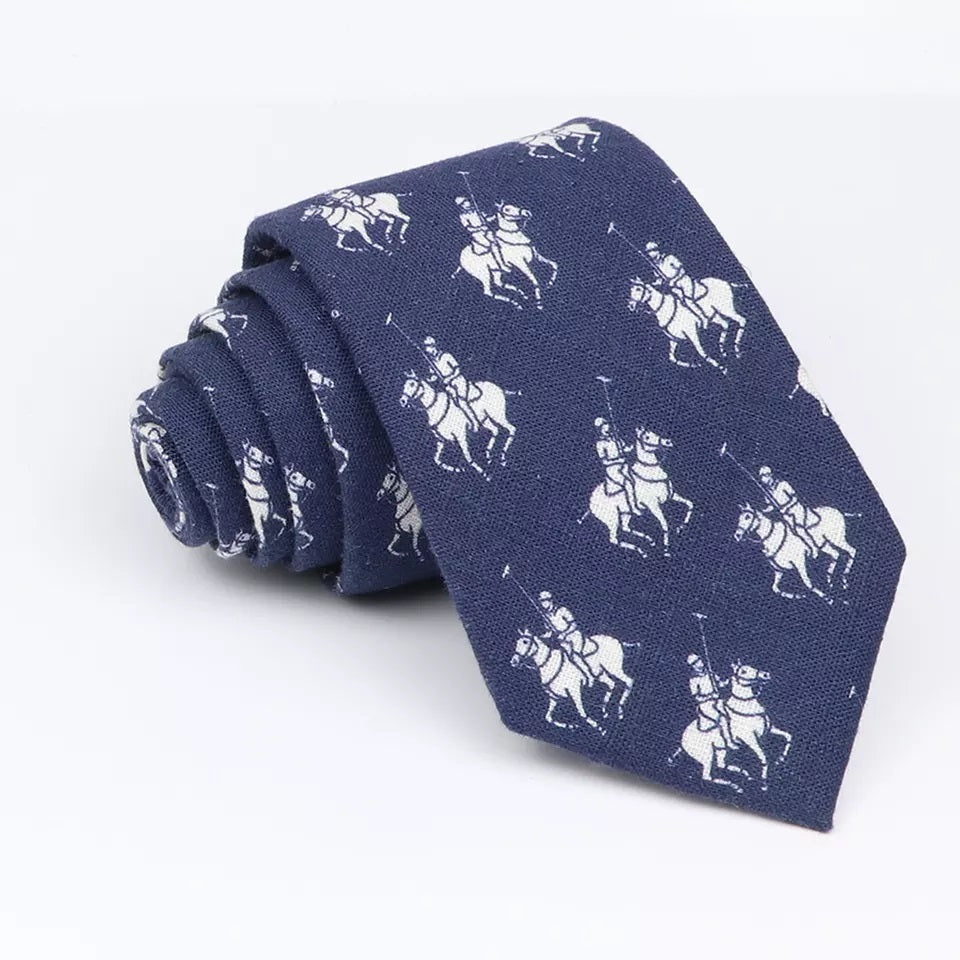 Navy blue cotton tie with a white horse and polo player pattern