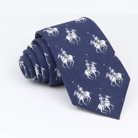 Navy blue cotton tie with a white horse and polo player pattern