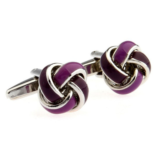 Albetro Mulberry Knot purple enamel silver-tone brass cufflinks on white background