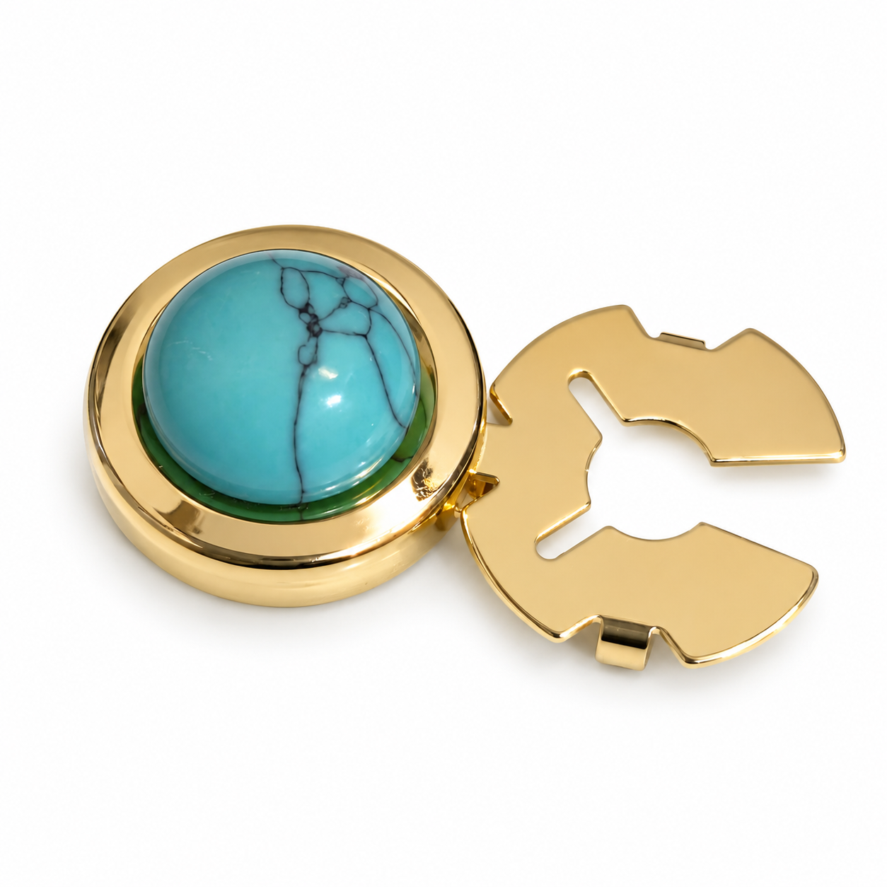 Albetro Turquoise Sky Gold Button Cover — angled view showing clasp