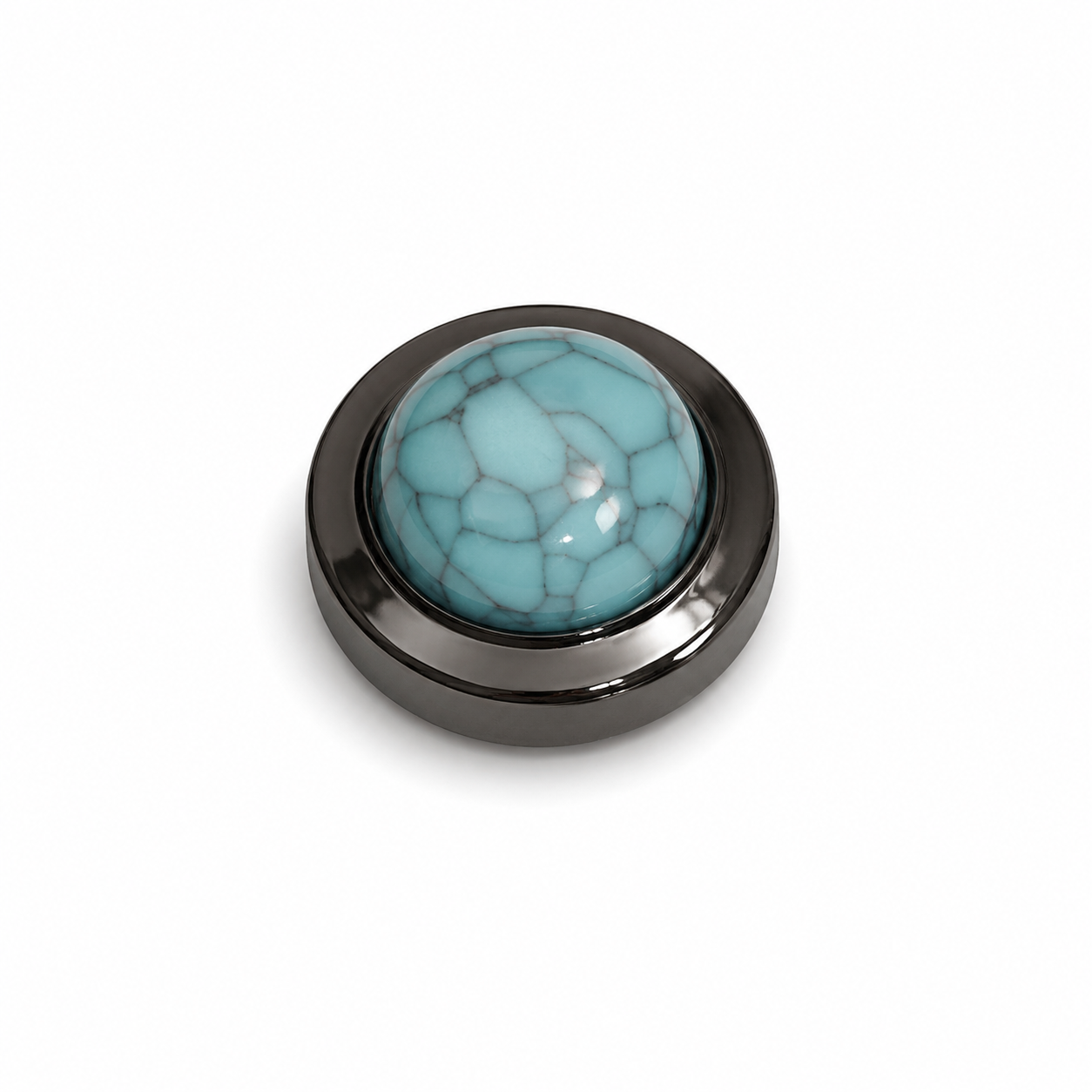 Albetro Turquoise Noir Gunmetal Button Cover — turquoise cabochon in gunmetal frame, front view