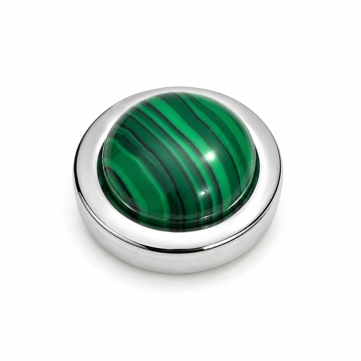 Albetro Malachite Emperor Silver Button Cover — banded green cabochon in silver frame, front view