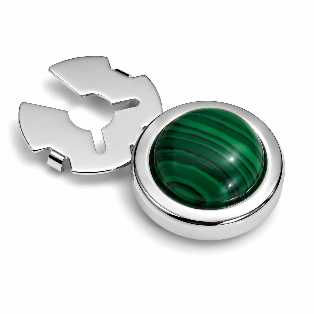 Albetro Malachite Emperor Silver Button Cover — angled view showing clasp
