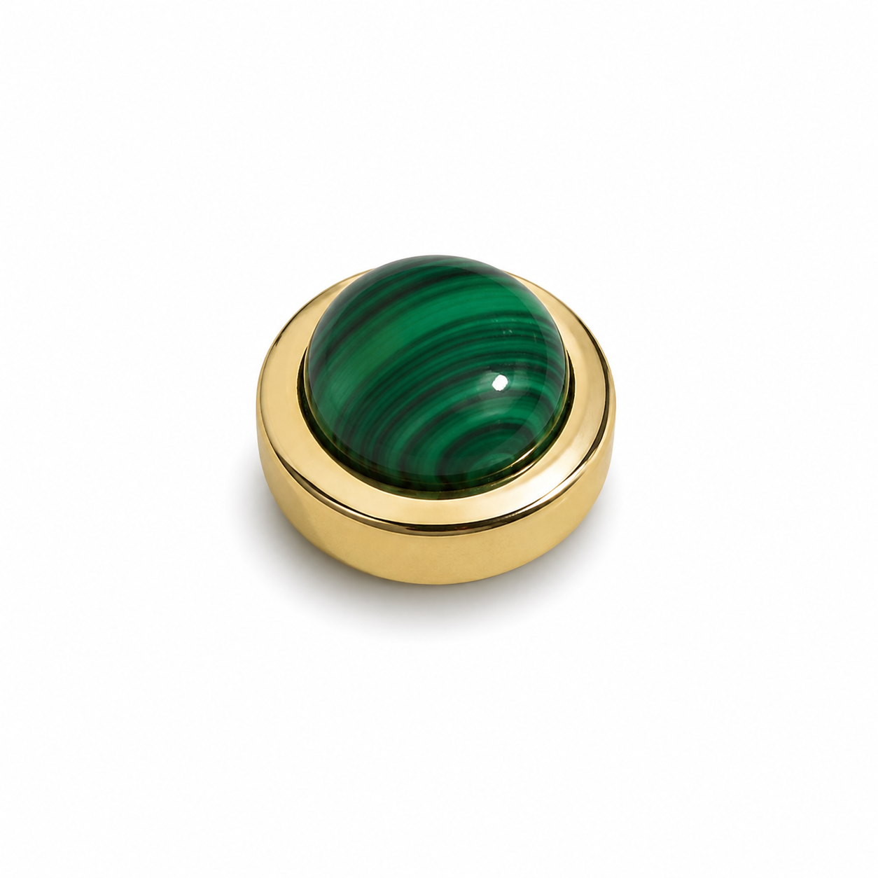 Albetro Malachite Emperor Gold Button Cover — banded green cabochon in gold frame, front view