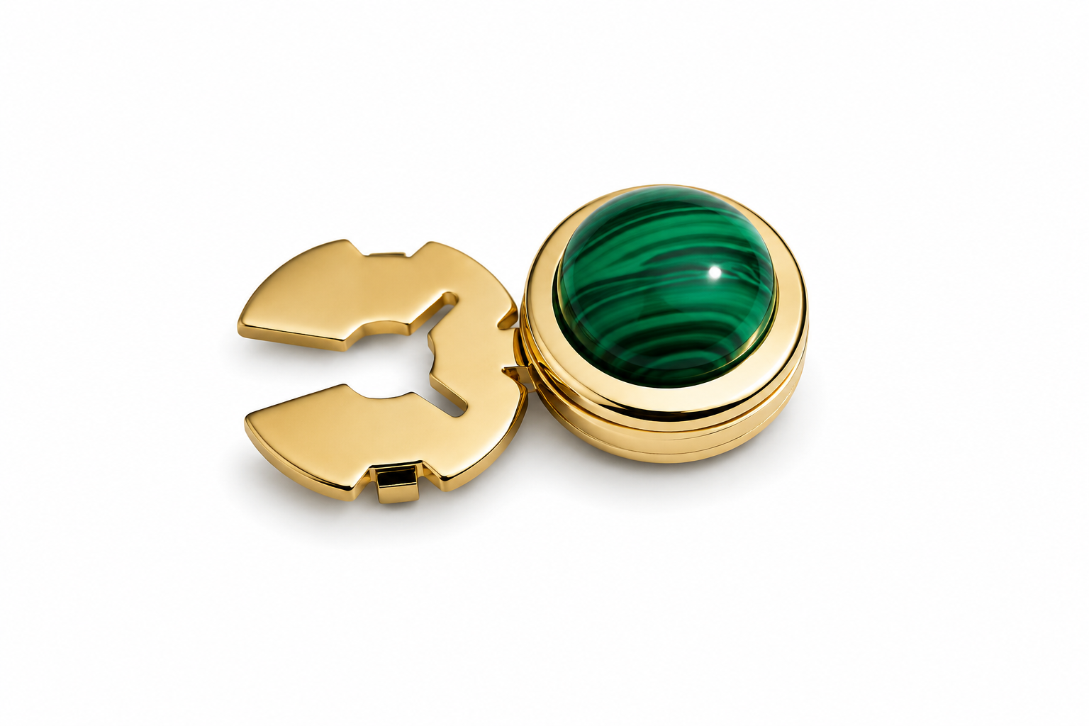 Albetro Malachite Emperor Gold Button Cover — angled view showing clasp