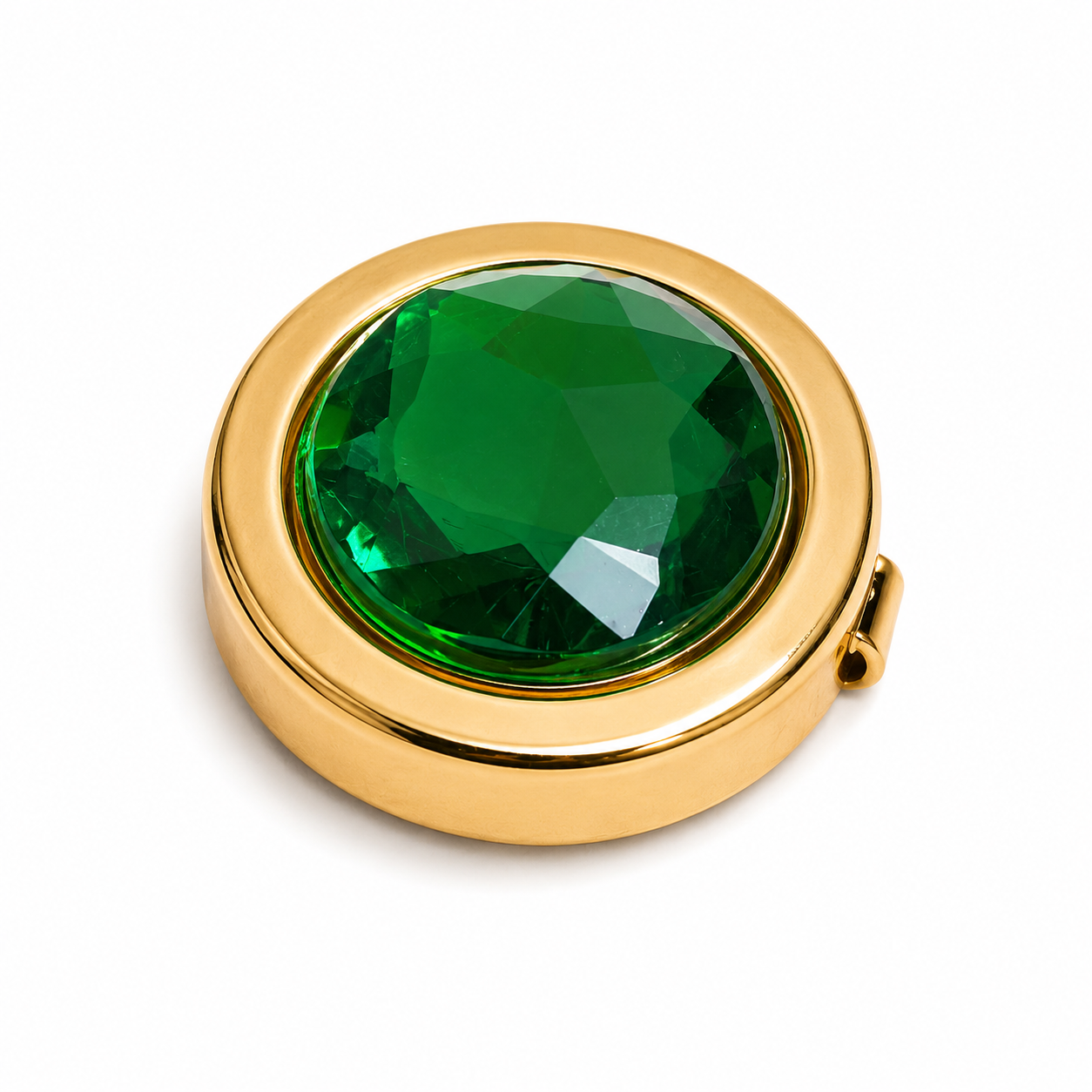 Albetro Emerald Facet Gold Button Cover — faceted green crystal in gold frame, front view