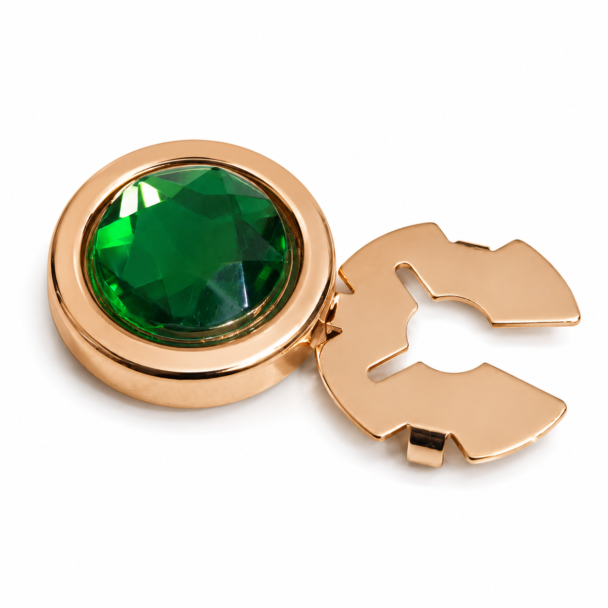 Albetro Emerald Facet Gold Button Cover — angled view showing clasp