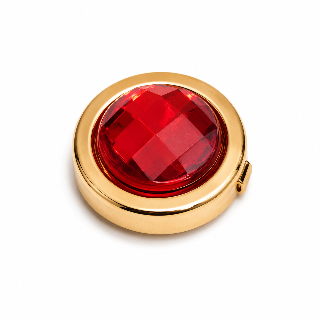 Albetro Ruby Facet Gold Button Cover — faceted red crystal in gold frame, front view